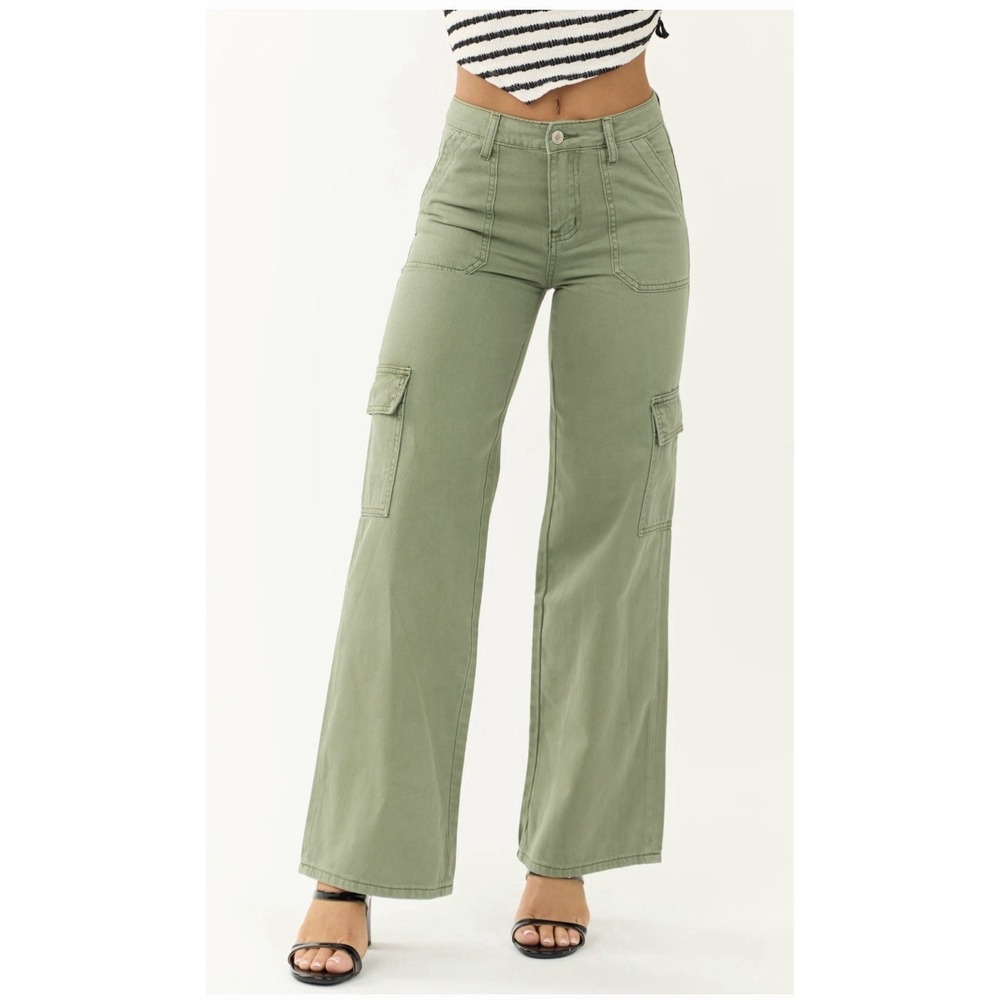 Vervet Olive Green High Rise Cargo Wide Leg Utility Pocket Pant Womens Sz 28 - Picture 3 of 6